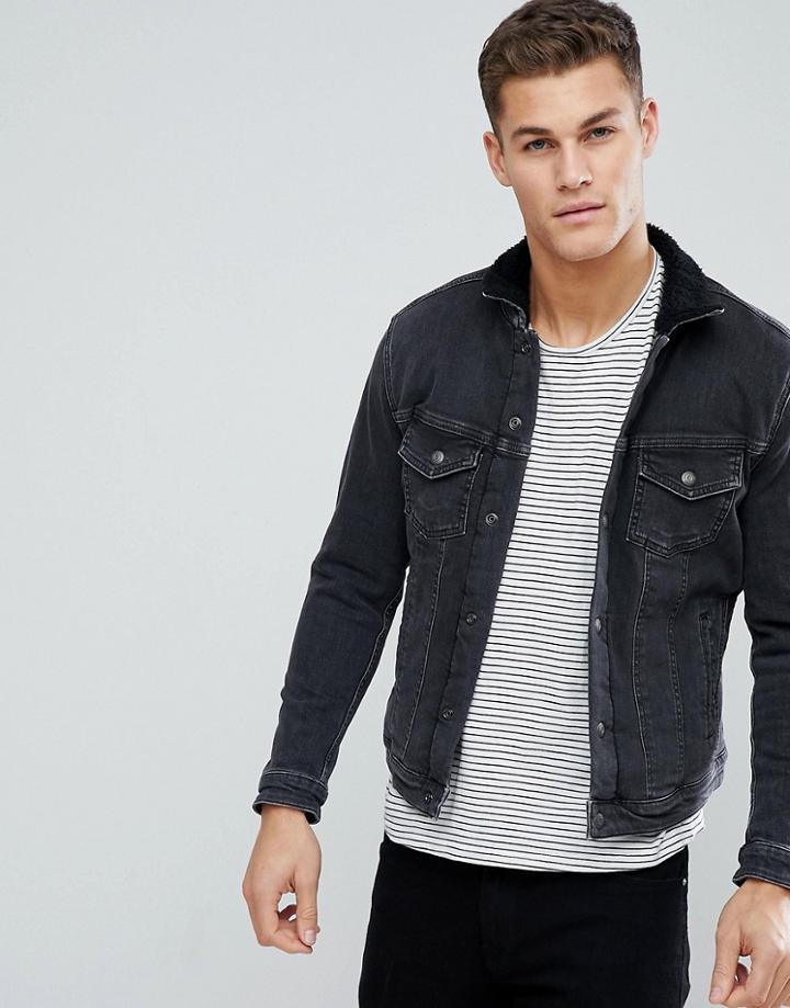 Jack & Jones Intelligence Denim Jacket With Full Fleece Lining - Black