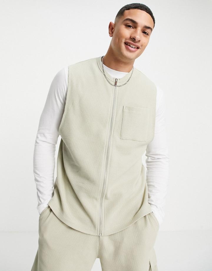 Asos Design Relaxed Fit Waffle Tank With Zip Through In Khaki - Part Of A Set-green