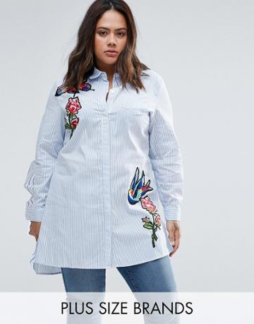Alice & You Striped Shirt With Bird Embroidery - Blue