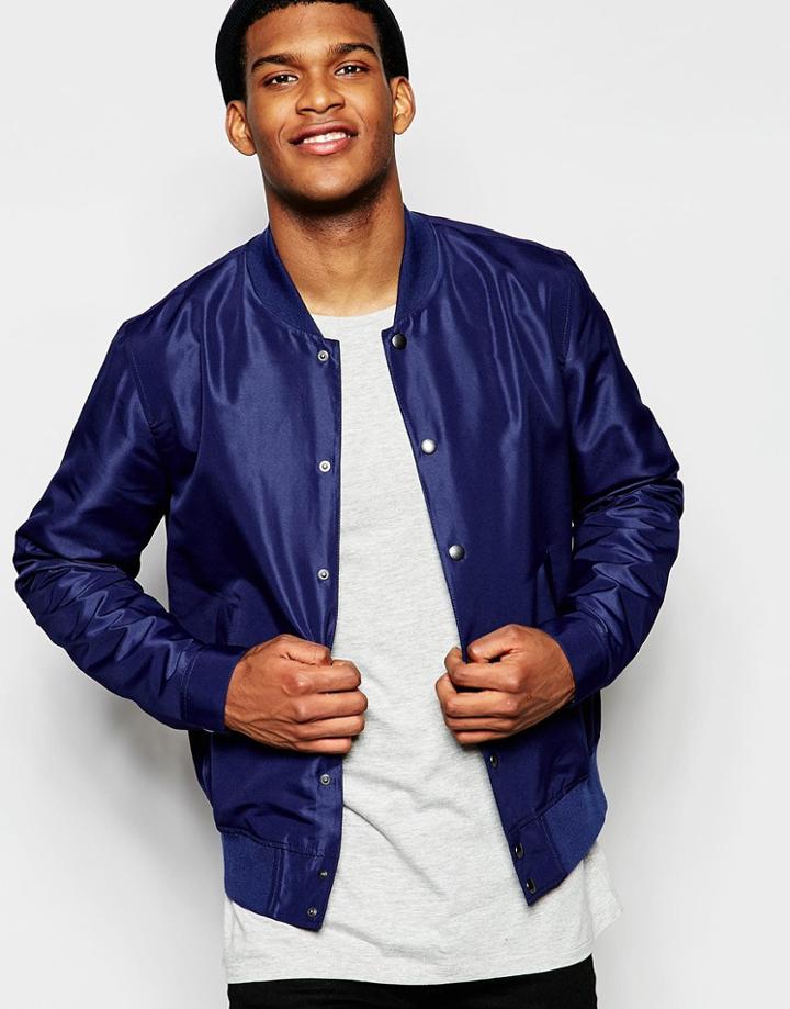 Asos Bomber Jacket With Poppers In Navy - Navy