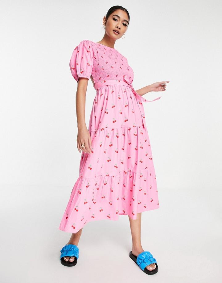 Neon Rose Shirred Top Tiered Midi Tea Dress With Tie Back In Pink Cherry Print