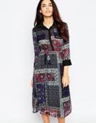 Style London Midi Shirt Dress In Mixed Scarf Print - Blue