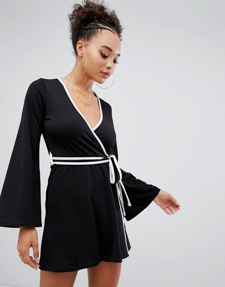 Boohoo Contrast Binding Wrap Dress In Black - Black