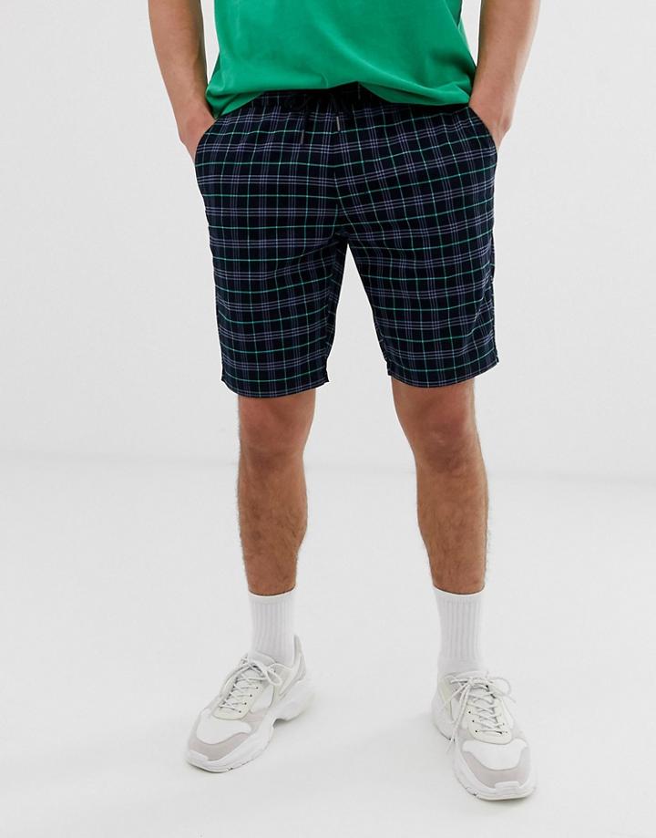 Asos Design Skinny Shorts In Navy Check - Navy