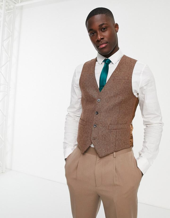 Gianni Feraud Wedding Slim Fit Herringbone Wool Blend Vest-brown