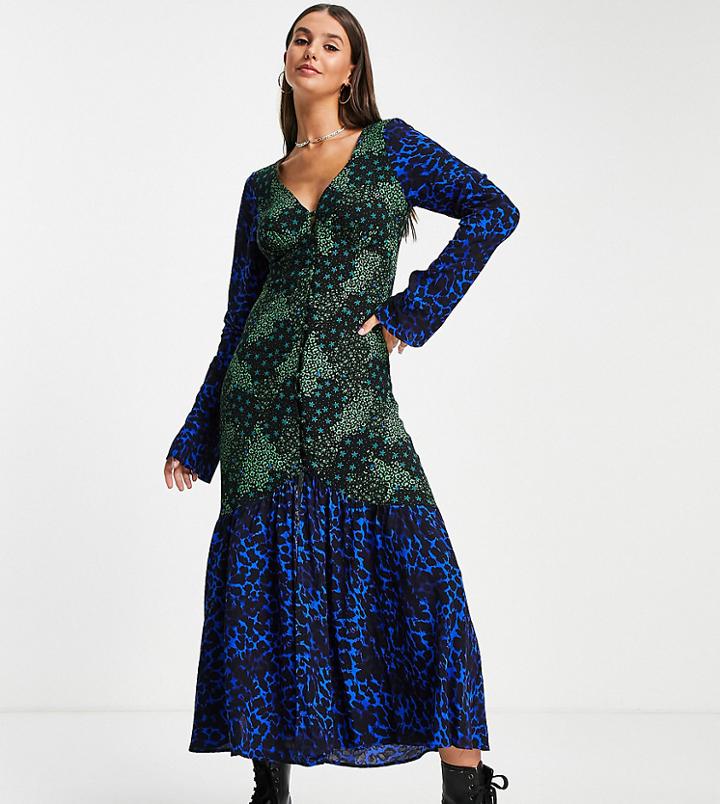 Topshop Tall Viscose Blend Mix Print V Neck Midi Dress In Multi - Multi