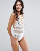 Asos Premium Pom Pom Embroidered Fishnet Swimsuit - White