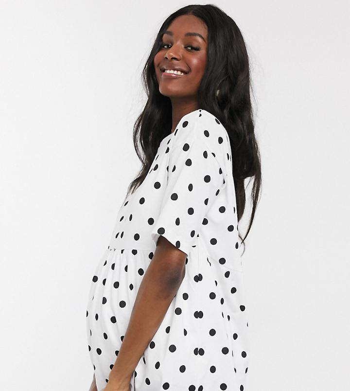 Asos Design Maternity Nursing Double Layer Smock Top In Polka Dot-white