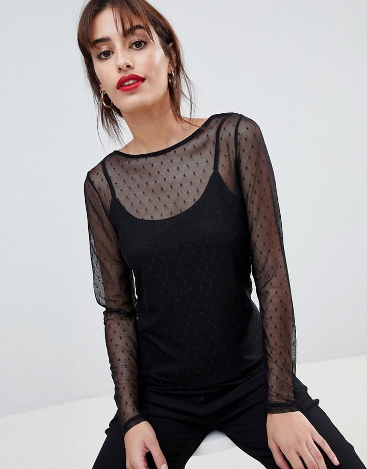 Oasis Sheer Spot Mesh Top - Black