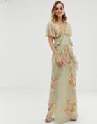 Hope & Ivy Ruffle Floaty Maxi Dress With Open Back In Sage Green Floral-multi