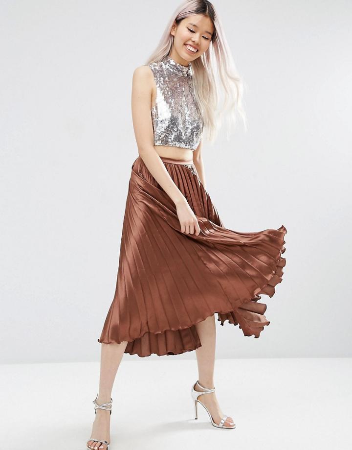 Asos Midi Skirt In Pleated Satin - Chocolate