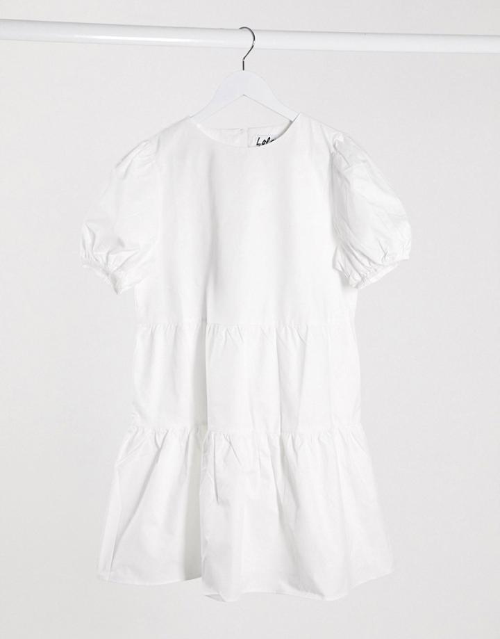 Lola May Smock Dress With Puff Sleeve-white