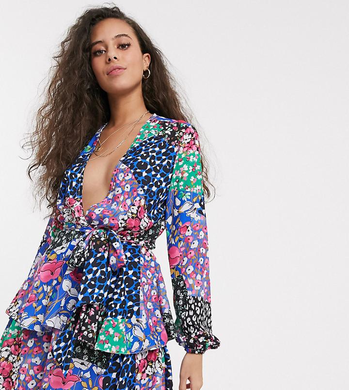 John Zack Petite Plunge Front Skater Dress In Scarf Print-multi