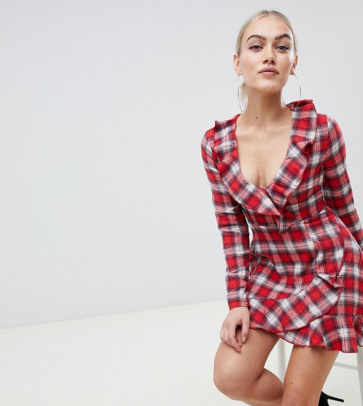 Missguided Petite Wrap Dress In Red Check - Multi