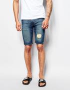 Asos Denim Shorts In Super Skinny With Rips In Mid Blue - Mid Blue