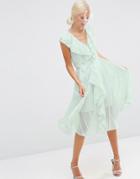 Asos Ruffle Self Stripe Zip Front Midi Dress - Mint