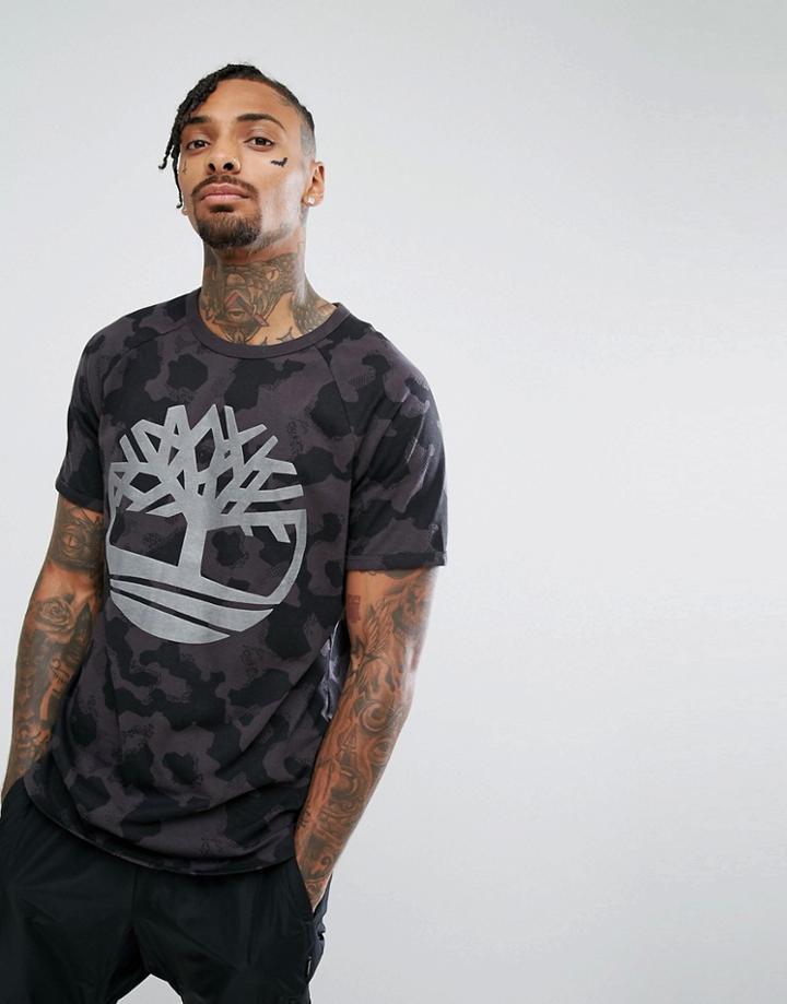 Timberland Oversized Raglan T-shirt Reflective Tree Logo Print In Black Camo - Black