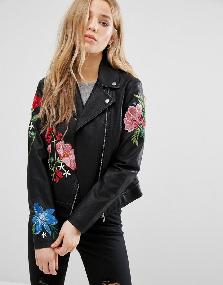 New Look Embroidered Hero Biker Jacket - Black