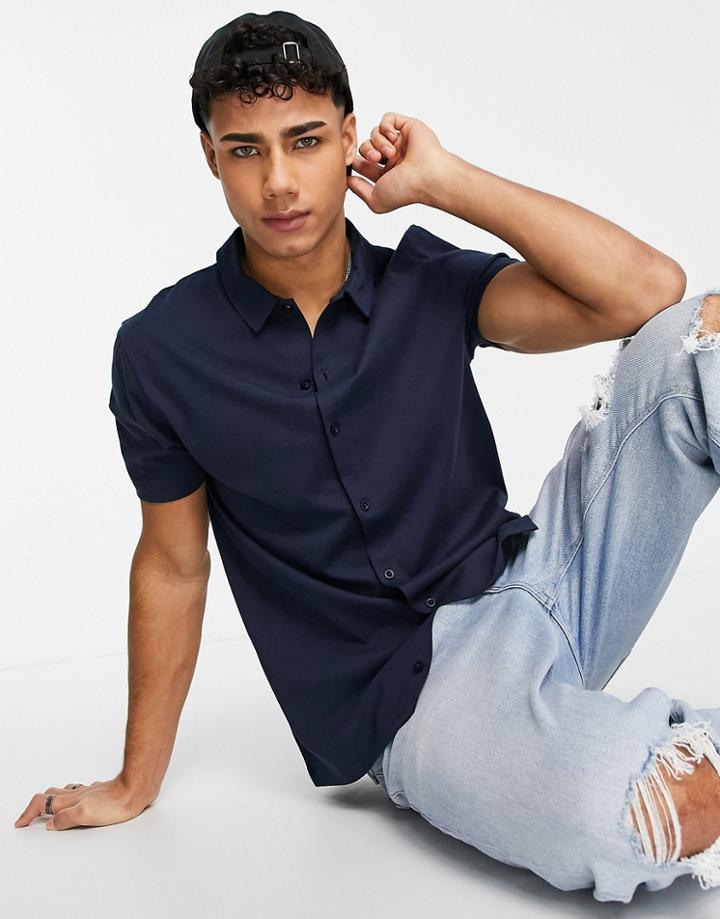 Asos Design Standard Fit Jersey Shirt In Navy - Navy