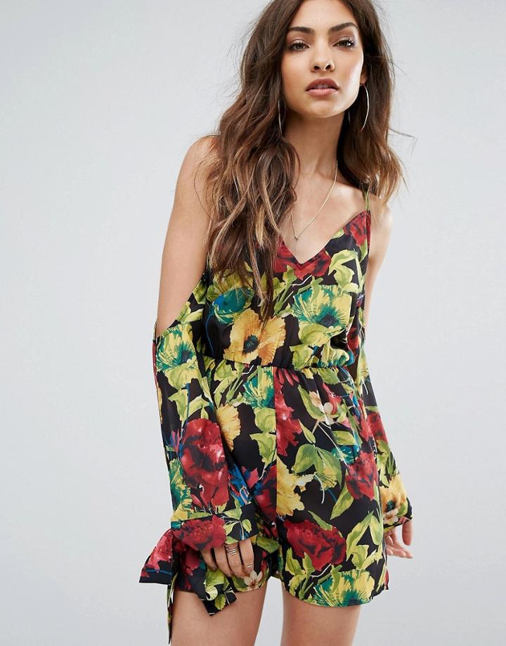 Prettylittlething Tropical Print Cold Shoulder Romper - Multi