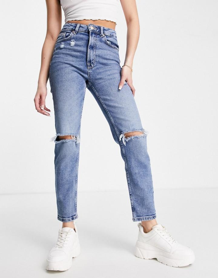 Stradivarius Slim Mom Jean With Stretch And Rip In Authentic Blue