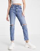 Stradivarius Slim Mom Jean With Stretch And Rip In Authentic Blue