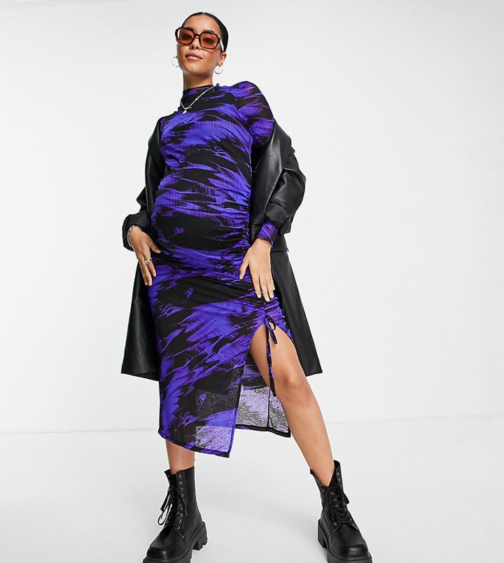 Topshop Maternity Tie Dye Mesh Midi Dress With Ruched Side In Blue-blues