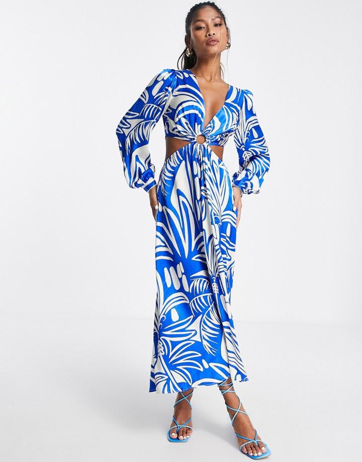 Topshop Long Sleeve Cut Out Ring Detail Midi Dress In Cobalt Tropical Print-multi