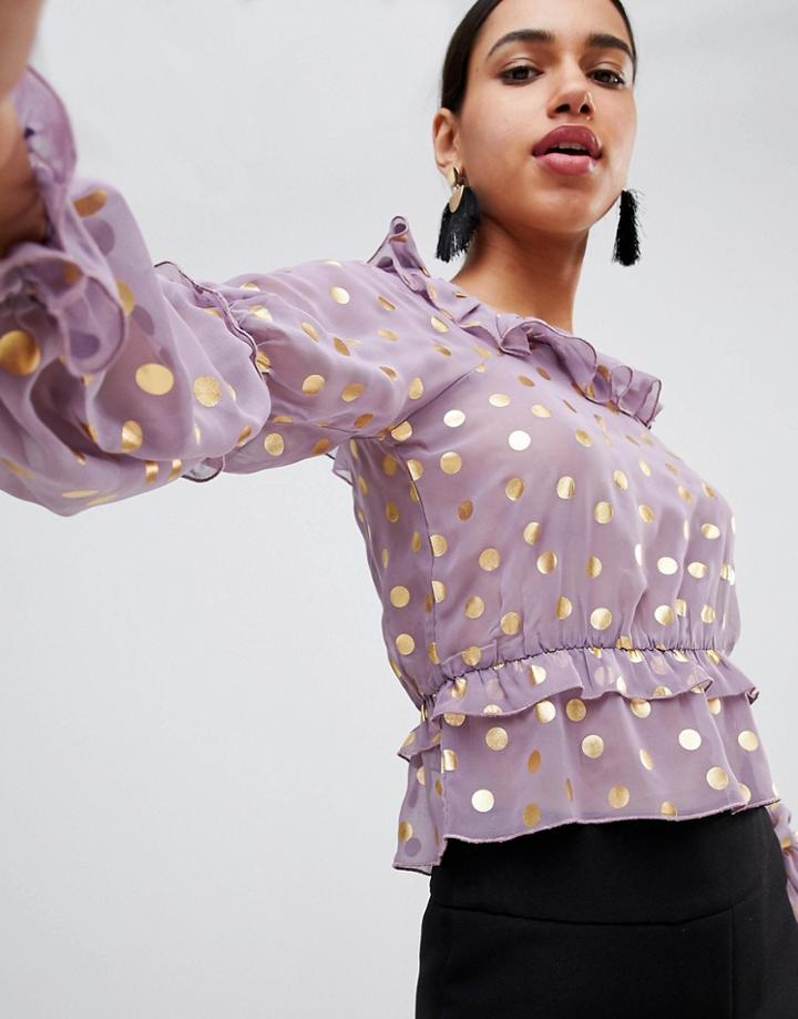 Fashion Union Prairie Top With Ruffles In Sheer Metallic Spot - Purple