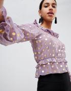 Fashion Union Prairie Top With Ruffles In Sheer Metallic Spot - Purple
