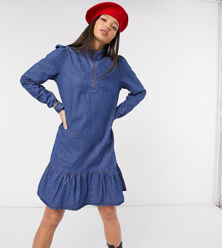 Noisy May Tall Denim Dress With Peplum And High Neck In Blue-blues