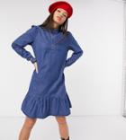 Noisy May Tall Denim Dress With Peplum And High Neck In Blue-blues