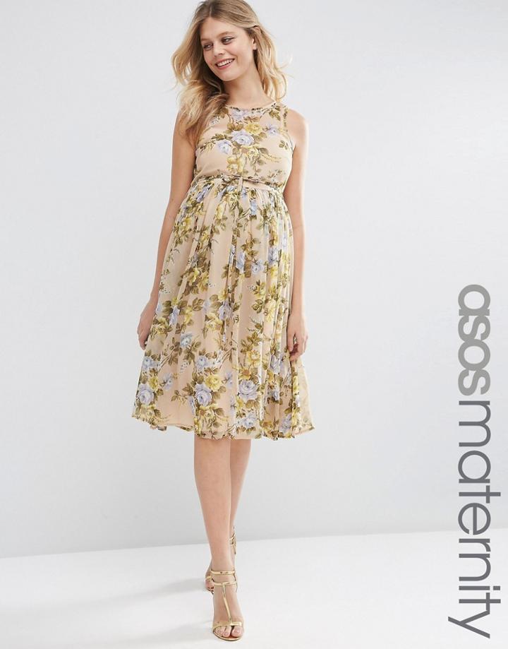 Asos Maternity Yellow Rose Soft Midi Dress - Multi
