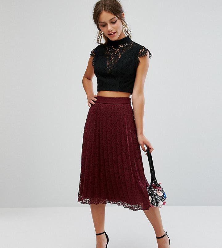 Asos Petite Lace Pleated Midi Skirt - Green