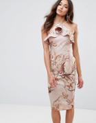 Hope & Ivy Frill Front Pencil Dress With Low Back - Beige