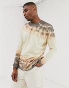 Asos Design Relaxed Longline Long Sleeve Heavyweight T-shirt With Tie Dye Wash In Beige-multi