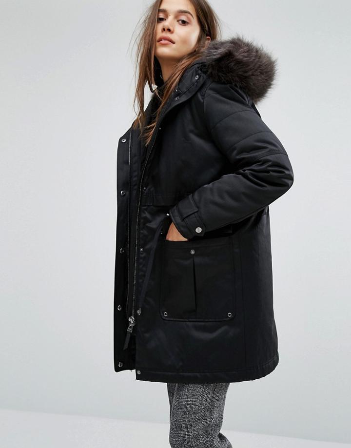 Parka London Kay Parka With Inner Detachable Bomber Jacket And Faux Fur Trim - Black