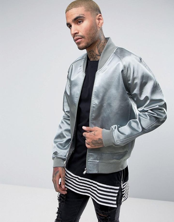 Asos Bomber Jacket With Sateen Panelling In Blue - Green