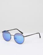 Asos Round Sunglasses In Gunmetal With Blue Mirror Lens - Silver
