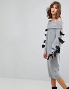 Lost Ink Off Shoulder Sweater Dress With Ribbon Tie Sleeves - Gray