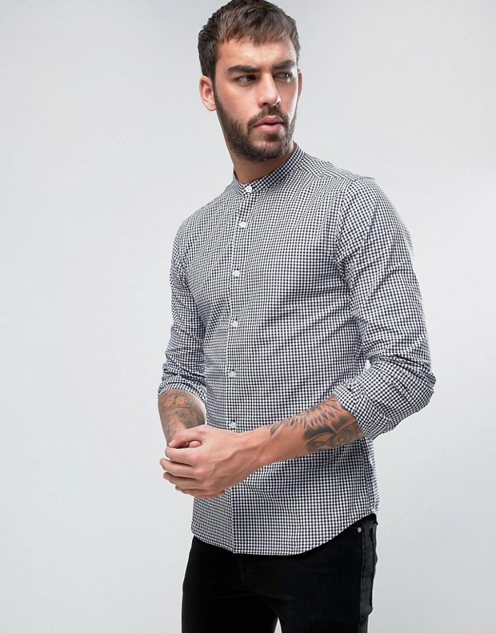 Asos Skinny Gingham Check Shirt With Grandad Collar - Blue