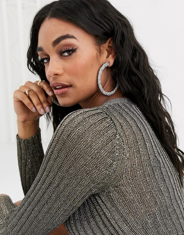 Asos Design Hoop Earrings In Texture In Silver Tone