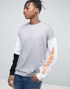 Asos Oversized Long Sleeve T-shirt With Contrast Sleeves And Sleeve Print - Gray