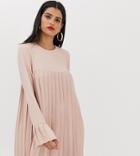 Asos Design Tall Pleated Trapeze Mini Dress With Long Sleeves-pink