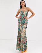 Bariano Fishtail Maxi Gown In Floral Embellishment In Taupe-pink
