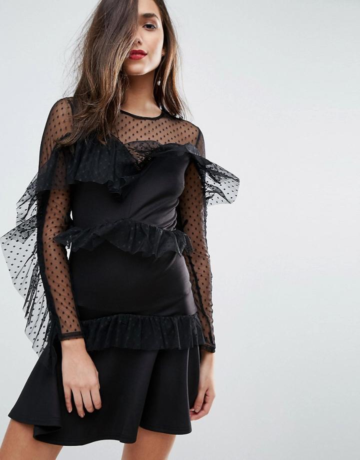 Asos Ruffle Dobby Tiered Skater Mini Dress - Black