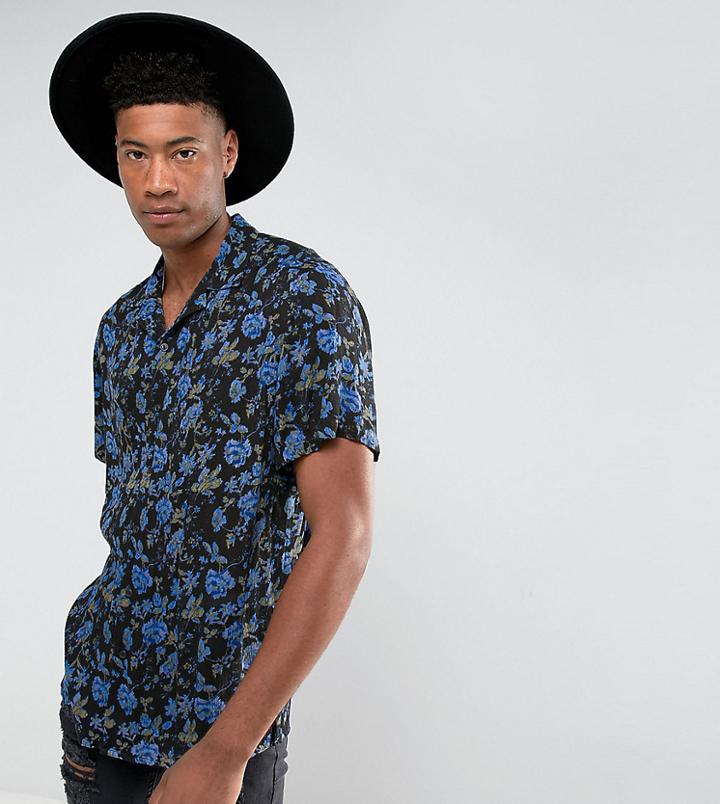 Asos Tallviscose Oversized Crinkle Floral Shirt - Black