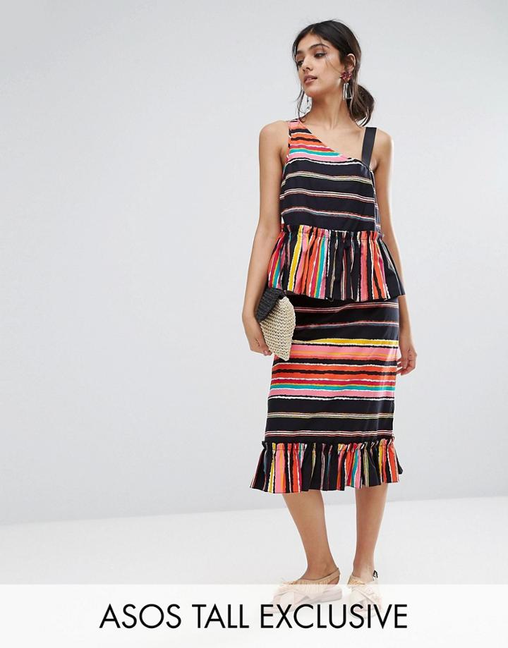 Asos Tall Cotton Midi Ruffle Hem Skirt In Carnival Stripe Co-ord - Multi
