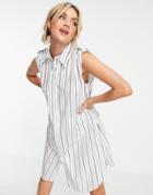 Urban Revivo Oversize Stripe Sleeveless Shirt Dress In White-grey