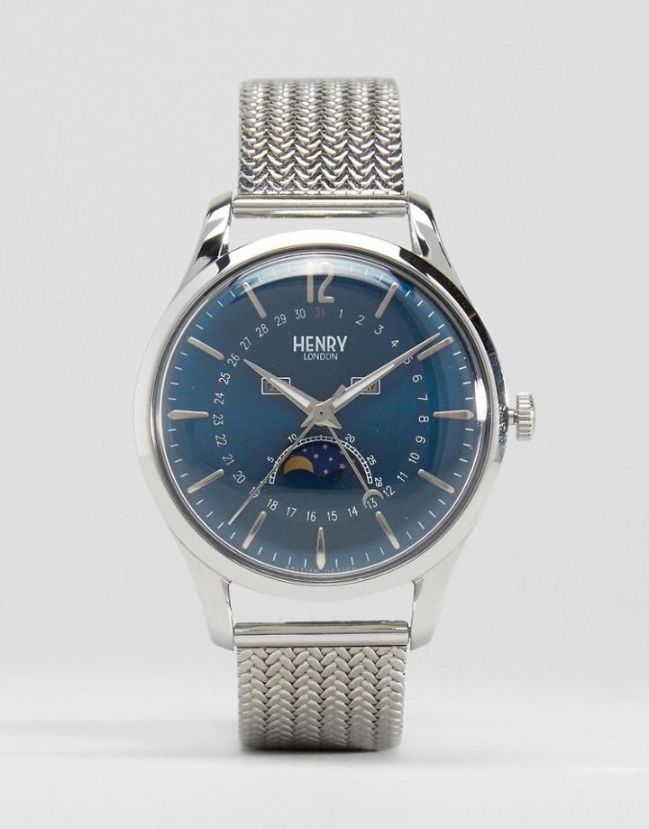 Henry London Knightsbridge Moonphase Silver Mesh Watch With Date - Silver